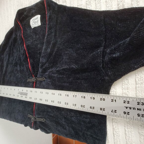 Margaret OLeary Black Chenille Long Cardigan Jacket With Red Trim & Frog Closure - Picture 6 of 7